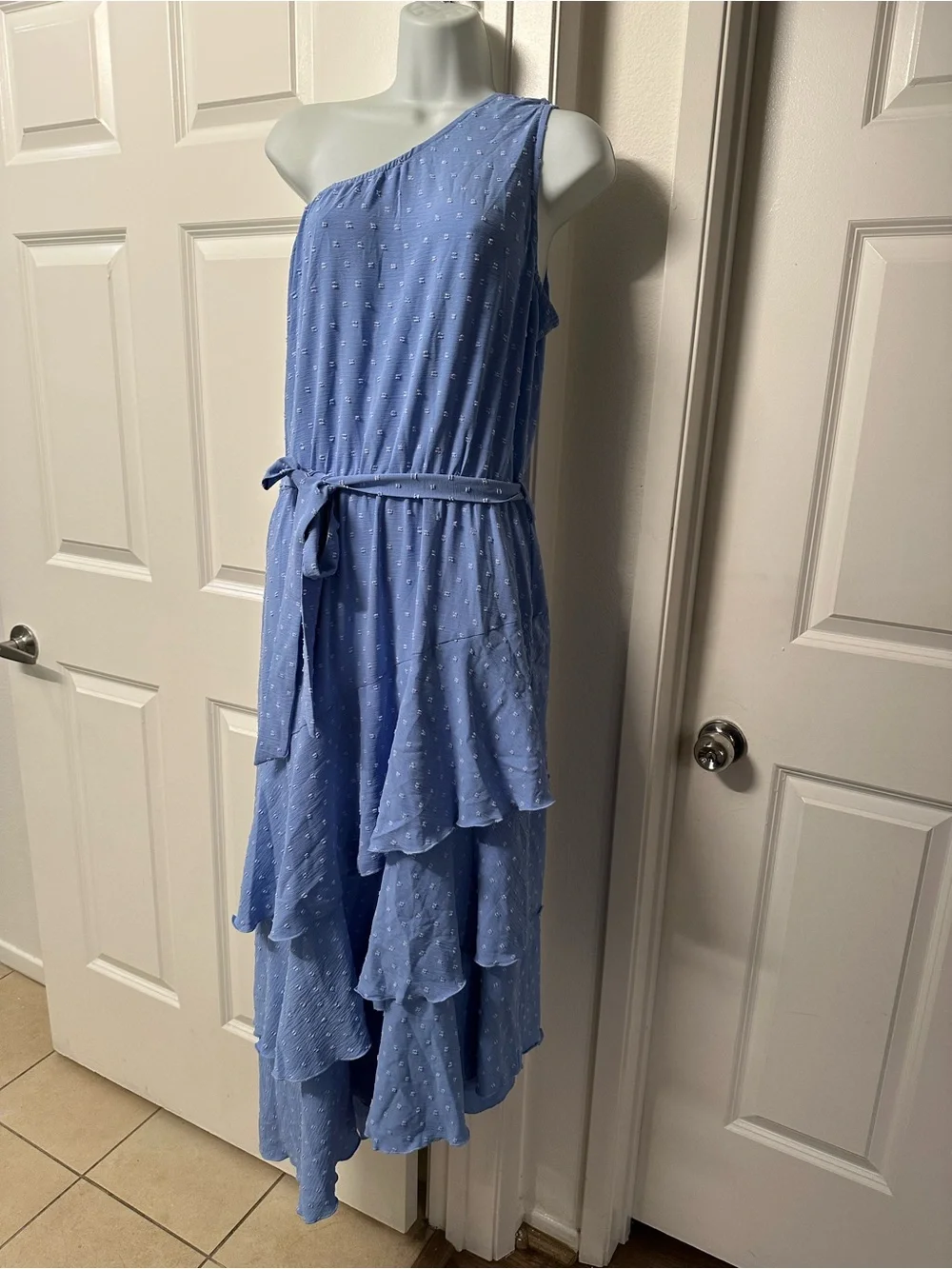 One-Shoulder Blue Ruffle Tiered Dress